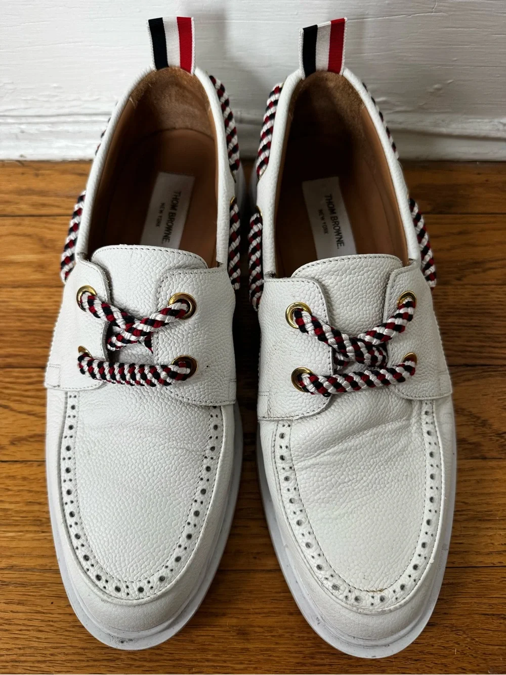 Thom Browne White Leather Boat Shoes with Red-Black-Cream Rope Laces